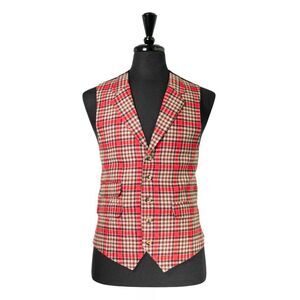 Mens Plaid Vest 42R Orange Brown Wool Waistcoat Large Formal Wedding Party Groom